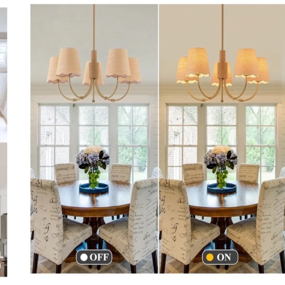 NIB Boho Rattan Chandelier Fabric Shade Antique Gold Brass 5-Lights Hemp Rope